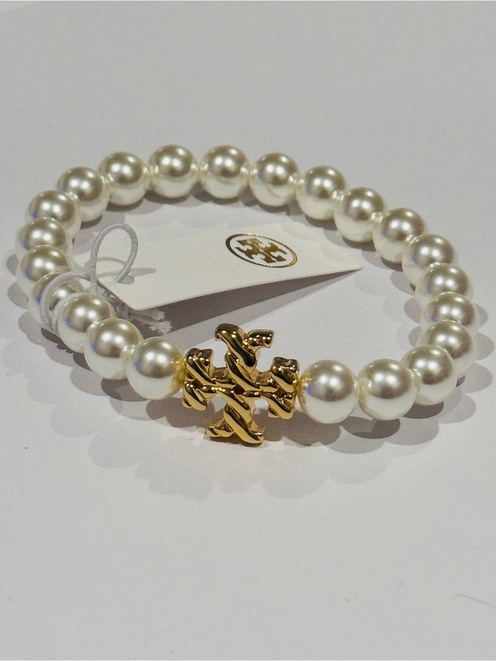 NWT Tory Burch Faux Pearl Stretch Bracelet Gold Double T Logo